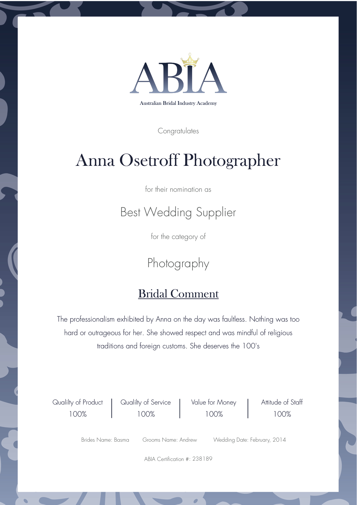 Best Supplier Certificate ABIA 2014